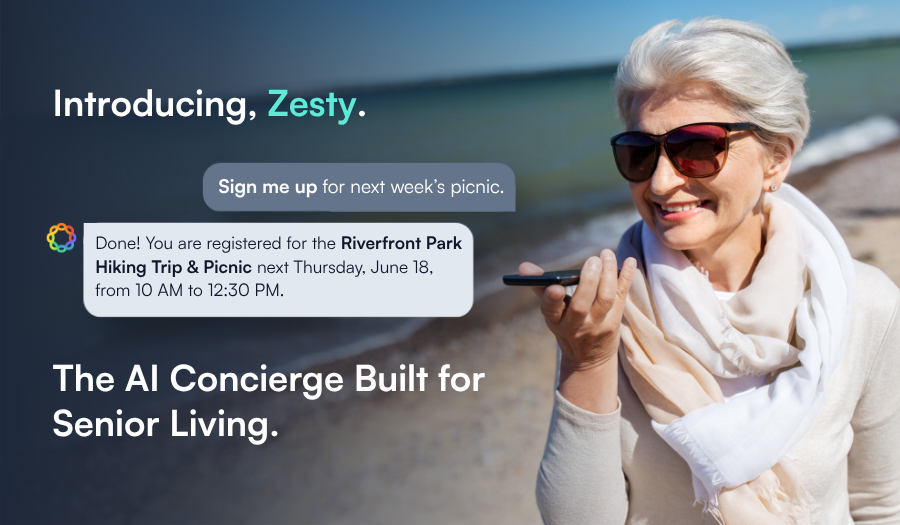 Senior living resident using the Zesty AI concierge on a mobile phone